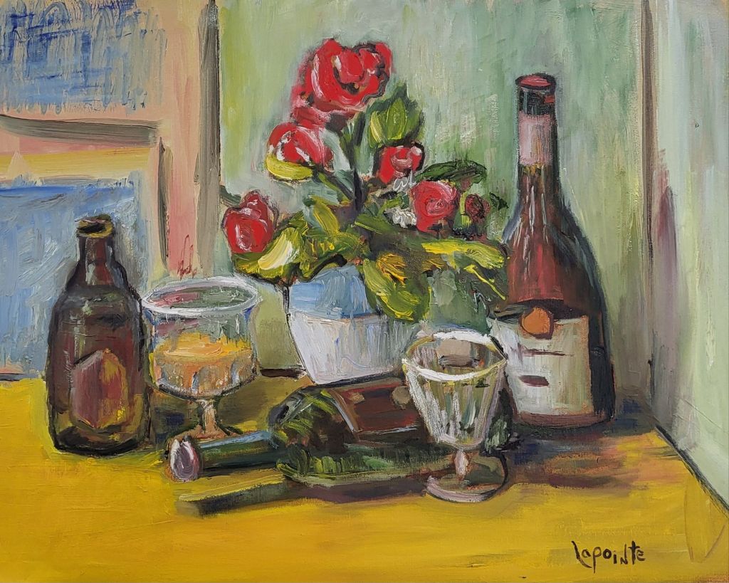 Nature morte avec bouteilles, fleurs et&nbsp;coupes